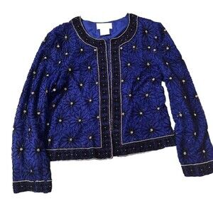 Papell Boutique Evening Royal Blue and Black Beaded Jacket Size 12 Women’s Vtg